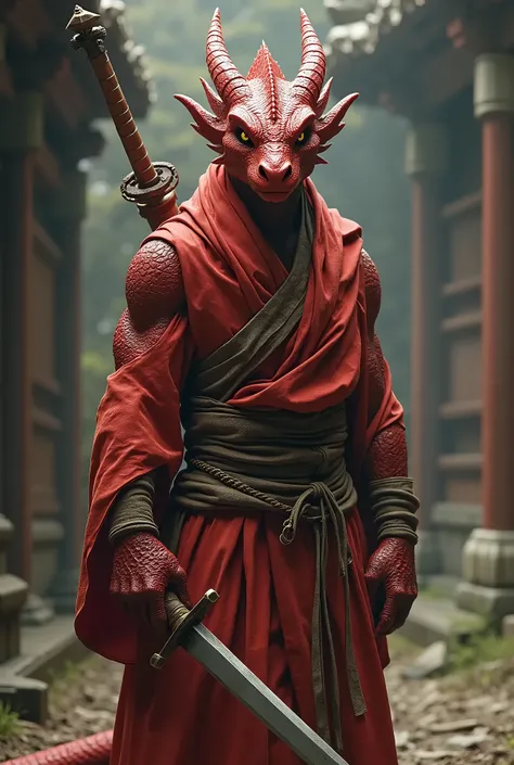 a dragonborn warrior monk in a monastery, 1.9m tall with red scaly skin and piercing yellow eyes, determined facial expression, wearing a red headband, simple practical monk robes allowing for easy movement, a short sword at his waist, cinematic lighting, ...