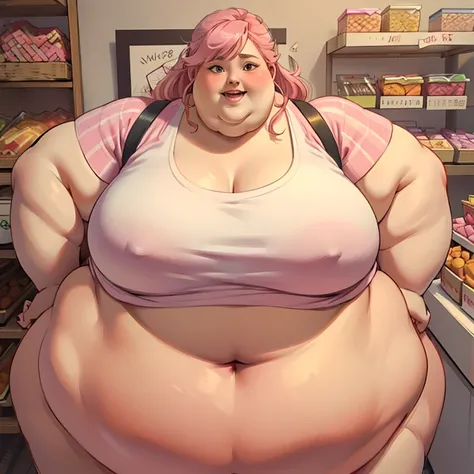 (realistic:1.2), high aesthetic, beautiful young teenager, USSBBW, (morbidly obese, fatblob:1.2), excited expression, surrounded by sweets, sweetshop, pink top, excited pose