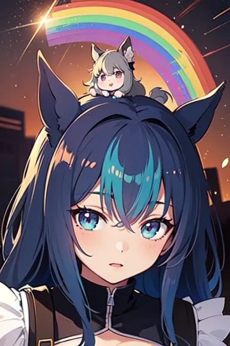 Horse Girl、Horse ears on head、Rainbow hair colour、Gradient hair texture、Long Hair、Rainbow Eyes、whole body、Cute expression,best quality,Detailed Background