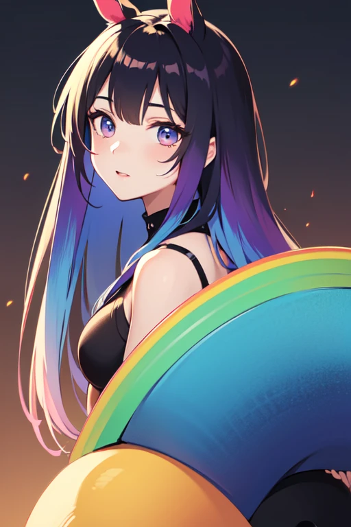 Horse Girl、Horse ears on head、Rainbow hair colour、Gradient hair texture、Long Hair、Rainbow Eyes、whole body、Cute expression,best quality,Detailed Background