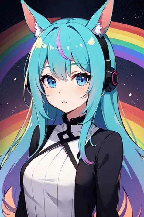 Horse Girl、Horse ears on head、Rainbow hair colour、Gradient hair texture、Long Hair、Rainbow Eyes、whole body、Cute expression,