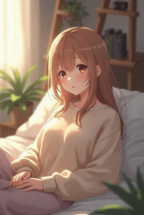 Anime girl with brown eyes and light brown hair sitting in her room in a sweatshirt 