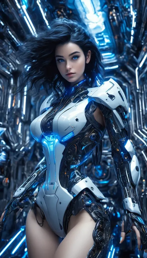 woman, mechanical blue body ，best quality, masterpiece, 8k,futuristic spaceship interior，サイバーブルースーツを着たwoman，black hair，blue eyes...