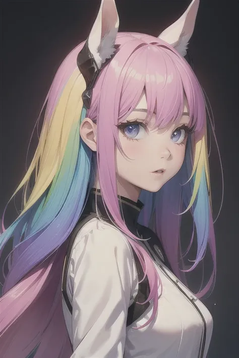 Horse Girl、Horse ears on head、Rainbow hair colour、Gradient hair texture、Long Hair、Rainbow Eyes、whole body、Cute expression、best quality,