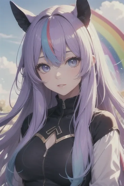 Horse Girl、Horse ears on head、Rainbow hair colour、Gradient hair texture、Long Hair、Rainbow Eyes、whole body、Cute expression、best quality,