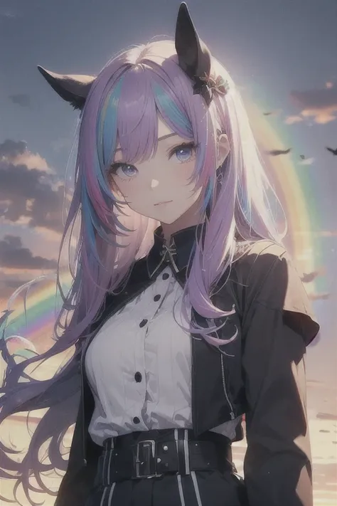 Horse Girl、Horse ears on head、Rainbow hair colour、Gradient hair texture、Long Hair、Rainbow Eyes、whole body、Cute expression、best quality,