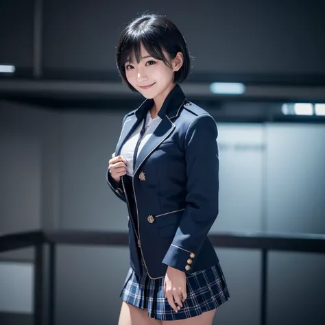 Tabletop, Super detailed, High image quality, Awards, 8k, (A beautiful woman), Alone, smile, Japanese female police officers, (All formal jackets are dark blue), Black leotard, Beautiful black short hair, Checkered short skirt, The theme color is dark navy...