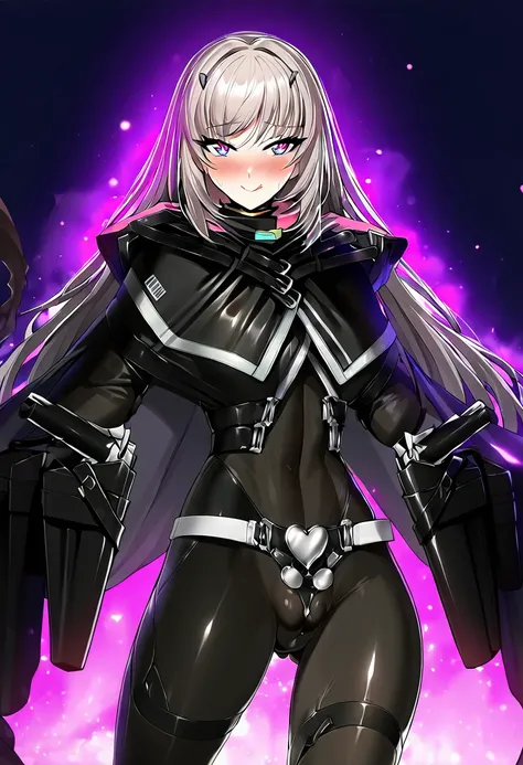 (((1girl, solo, the female))), seo yoon, jacket, (((body suit))), black clothes, black wear, (((black tights))), cowboy shot, (((back shot, ass, ass line, back))), caplet, cape, silver hair, gray hair, shiny hair, shiny clothes, long hair, (((chastity belt...