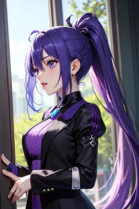 Blue-purple hair, Ridiculously long hair, Hair between the eyes, High Ponytail, purple eyespurple suit, Anime Color,best quality,