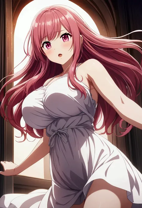 1 girl, pink-red hair, long hair, pink eyes, big breasts, white dress, CG