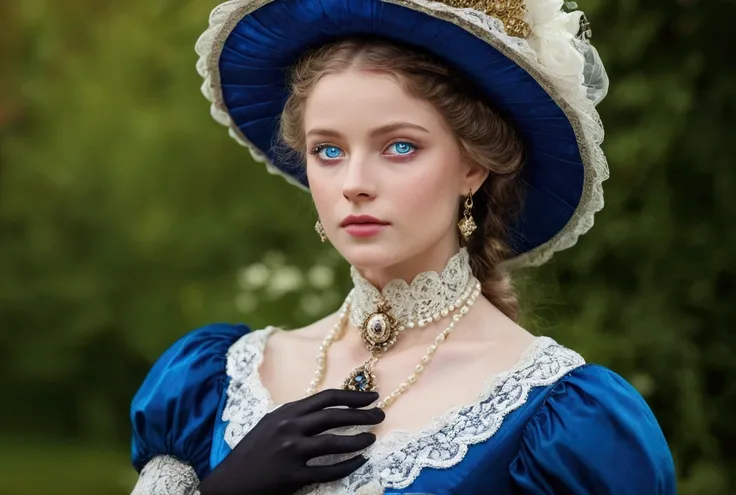 A beautiful real woman with blue eyes, Victorian era, the woman is high class, He has his opulent period costume,HD model, The best quality, The woman has a small purse in her hand.