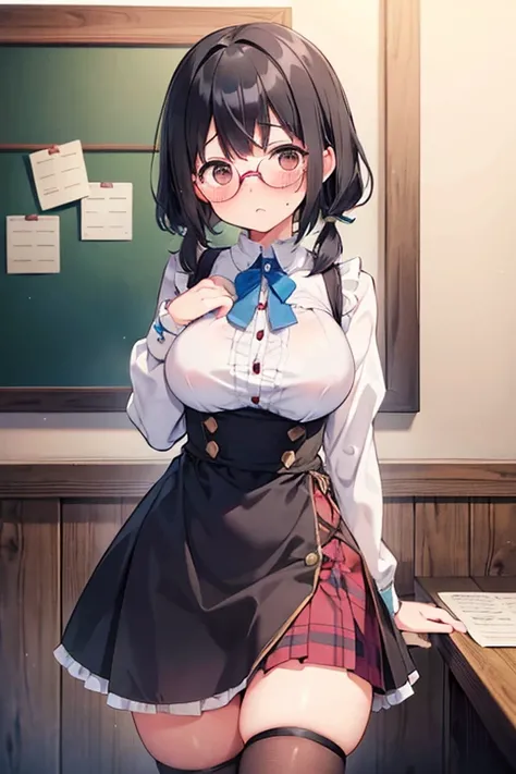 1 Cute naughty peasant girl, medium breasts, Thighs, black hair, short hair, (low twintails), glasses, (anxious face:1,2、blush:1.2, quiet personality:1.2, shy), at the adventurers guild, A bulletin board with posted paper