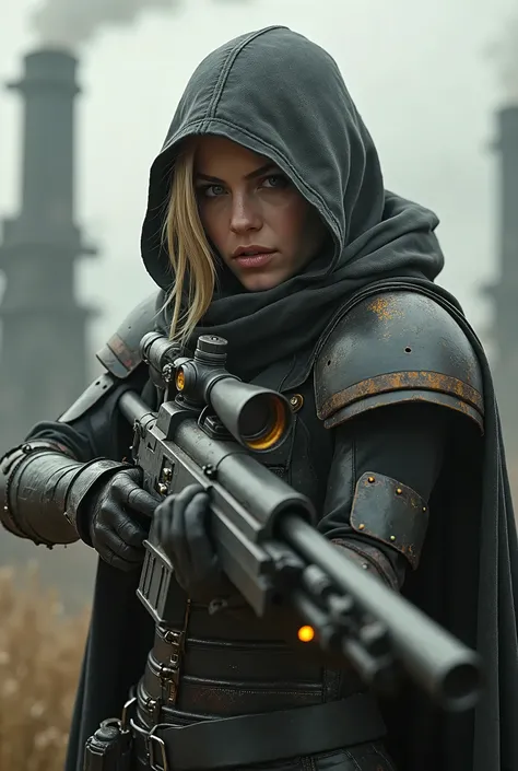 rogue trader, female, blonde hair, wearing hood, from a forge world, warhammer 40k, mechanical enhanced, futuristic sniper rifle, adeptus mechanicus, light armour, realistic, cinematic, high definition.