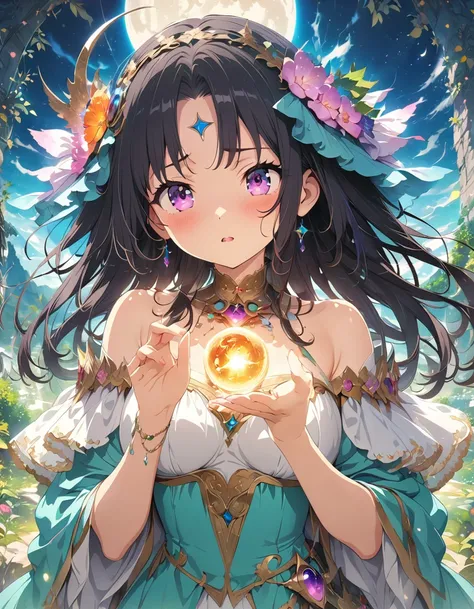 (masterpiece: 1.2), (Very detailed: 1.2), (Very detailed CG: 1.2), (high quality: 1.2), (最high quality), 8k, Anime illustration,far and near method, celestial moon witch, black hair, ethereal, regal, 