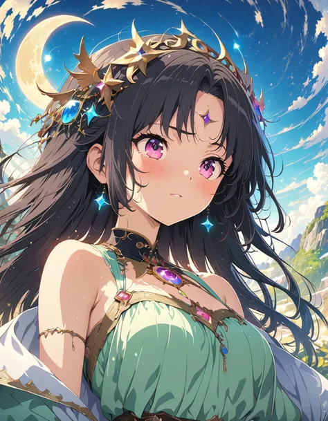 (masterpiece: 1.2), (Very detailed: 1.2), (Very detailed CG: 1.2), (high quality: 1.2), (最high quality), 8k, Anime illustration,far and near method, celestial moon witch, black hair, ethereal, regal, 