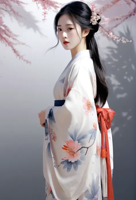 Illustration Style, Award-winning art, Styles of Japan painting, Sumi-e style, Fluid brushwork, Agnes Cecil, Rich in layers, Classical Japanese girl painting, A perfect blend of contemporary art and traditional Japanese painting, Full Body View, Japanese G...