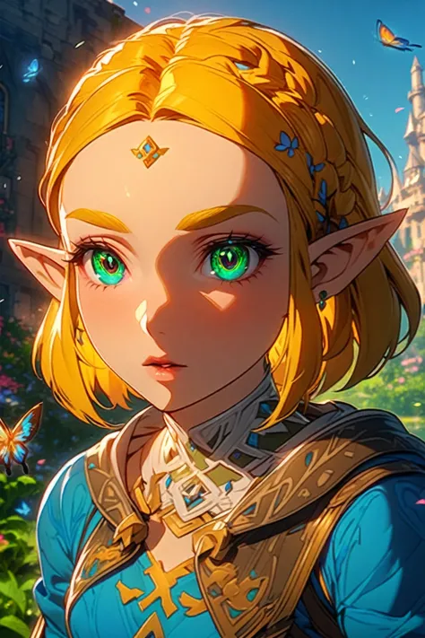 absurdres, highres, ultra detailed, HDR, master piece, Zelda, blonde hair, expressive green eyes, woman, best quality, The Legend Of Zelda (Breath Of The Wild), solo, sensual, extremely beautiful, petals, blue clothes, detailed face, glittering eyes, detai...