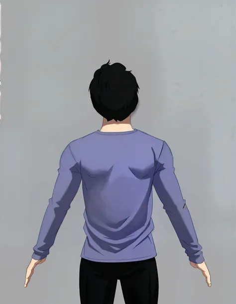 A black boy child, black hair, wearing a blue shirt with long sleeves, with an innocent and neutral expression (JEREMY DE FNAF BAGGITON)