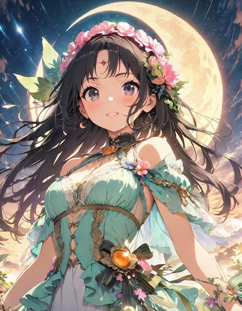 (masterpiece: 1.2), (Very detailed: 1.2), (Very detailed CG: 1.2), (high quality: 1.2), (最high quality), 8k, Anime illustration,far and near method, celestial moon witch, long black hair, black eyes, ethereal, regal, kind expression, crescent moon, shootin...