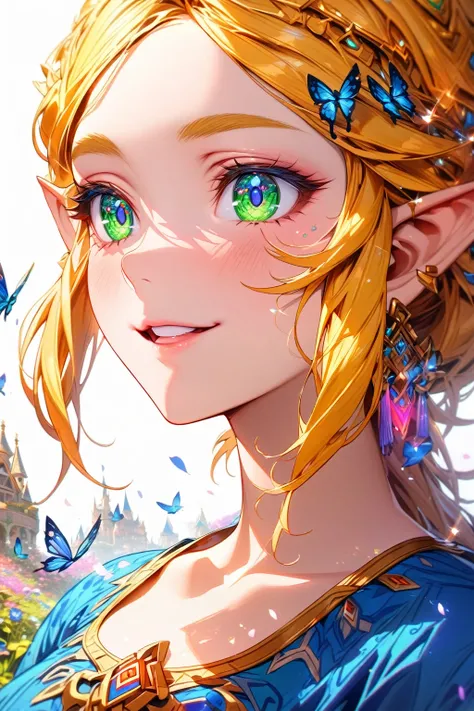 absurdres, highres, ultra detailed, HDR, master piece, Zelda, blonde hair, expressive green eyes, woman, best quality, The Legend Of Zelda (Breath Of The Wild), solo, sensual, extremely beautiful, petals, blue clothes, detailed face, glittering eyes, detai...