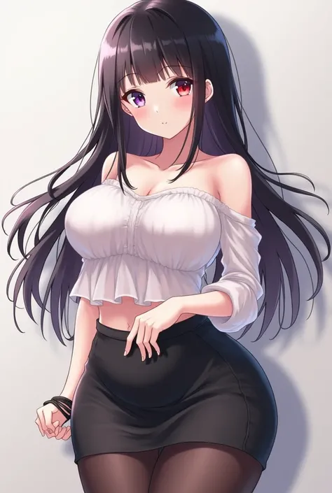 Cute anime girl with curves, big breasts, wide hips, big ass, straight black hair, long, transparent white blouse, short black skirt, black tights, right eye red, left eye purple!