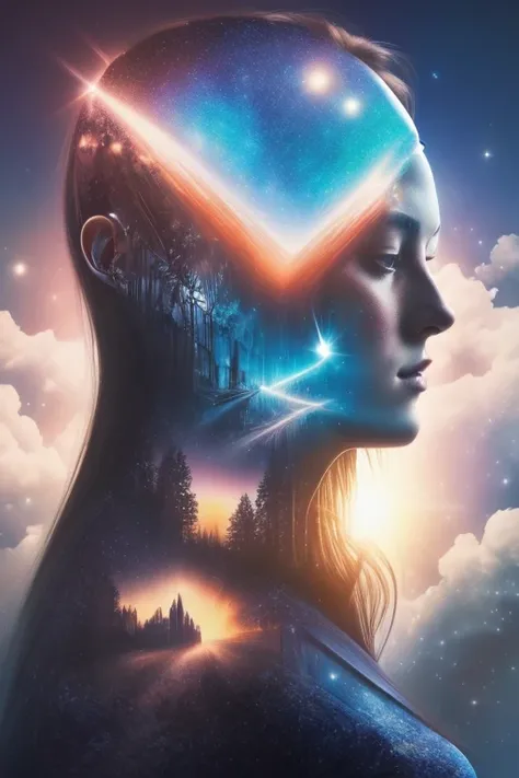 （multiple exposure：1.8），Dubrec style，Girl virtual holographic digital avatar，Futuristic magnificent starry sky image foreground，psychedelic starry sky，In space，Complex illustrations in surrealist art style，Surreal dreams，Become an invisible virtual hologra...