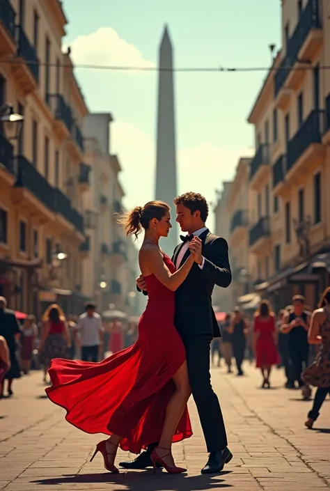 Image of young men and women from Argentina dancing tango on the street of Buenos Aires together with the Obelisk in sexy outfits 