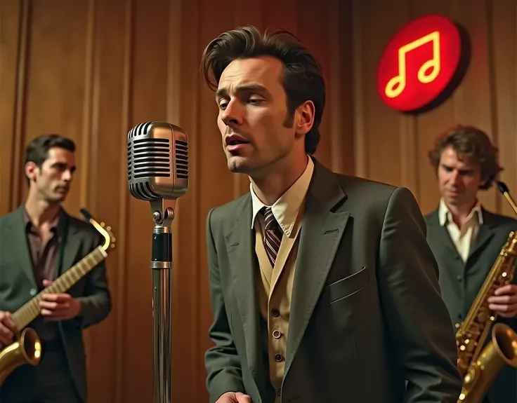 a vintage band performance, a man in a disheveled suit singing into an old-fashioned microphone accompanied by a saxophonist, in the style of wes anderson and norman rockwell, retro aesthetic, mid-century modern design, cinematic composition, rich with pas...