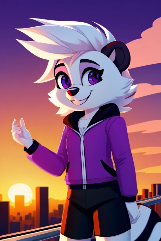 Skunk Girl, White crest, purple eyes, fur, furry, With a happy smile, purple jacket, black shorts, With a city background at sunset, Made in a cool animated style.