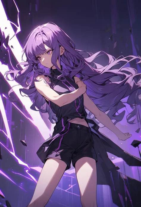 upright, A girl, Solitary, Purple hair, Very long hair, Wavy hair, Side bangs, Broken hair, purple, aesthetic, focussed face, fighting stance, short pants, Sleeveless standing, Slightly tilt your head