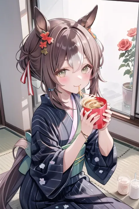 best quality, masterpiece, highres, solo, {yukata:1.40}, {kimono:1.20},  hair_ornament, flower, rose, jewelry, hair_flower ,Eating Noodle , Horse ear , smile