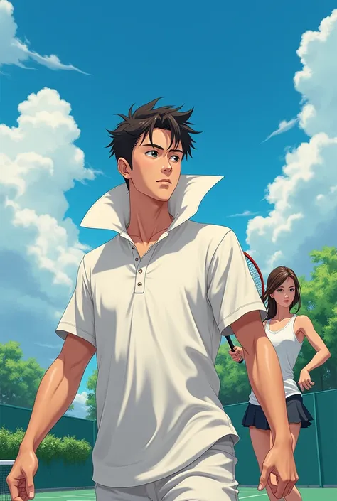 Anime Man wearing a Massive Popped Collar Polo with his girlfriend playing tennis