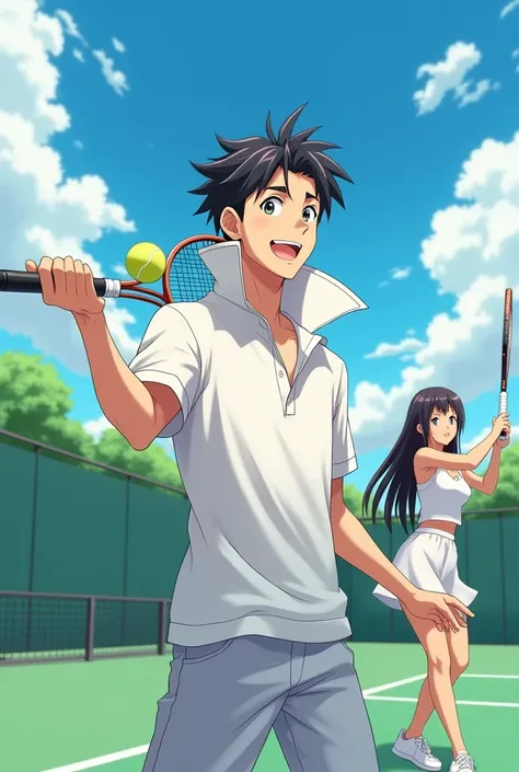 Anime Man wearing a Massive Popped Collar Polo with his girlfriend playing tennis