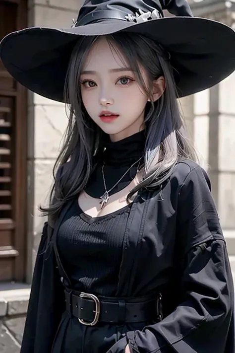 witch,Grey Hair,Long Hair,Black Eyes,Black and grey outfit