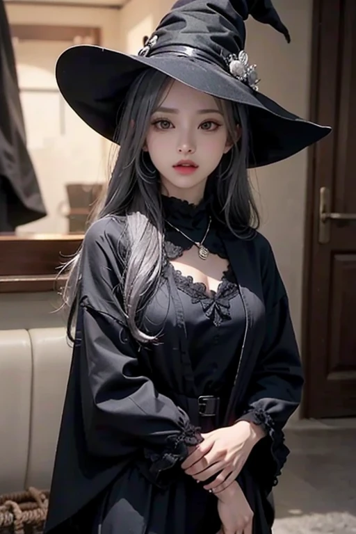 witch,Grey Hair,Long Hair,Black Eyes,Black and grey outfit