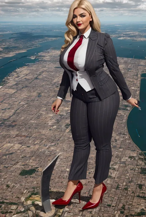 Young woman, giantess art, giga giantess in distance walking on through city, women with beautiful curves, massive thighs, blonde hair, lipstick, wearing a perfect  grey pinstripe trouser suit and blazer, crisp white shirt, and a large blade width Windsor ...