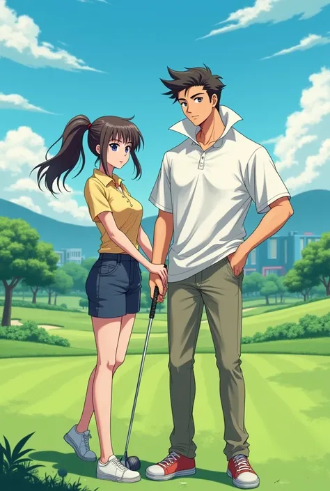 Anime Man wearing a Massive Popped Collar Polo with his girlfriend playing golf 