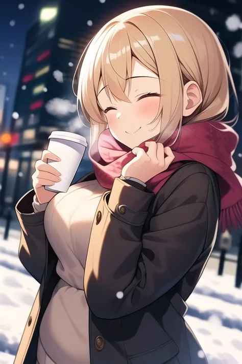 anime, 1 girl, Alone, Solo Focus, Large Breasts, Blonde, , Mature Woman, Plump, Adorable, A kiss flew, Finally, the kiss, winter, snow, night, Exhale white breathe, throw, look up, Dutch Angle, smile, happy, smile, light smile, Half-closed eyes , standing,...