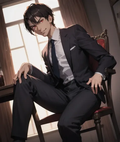 tall angry man in a suit, sit on a chair, pants bulge, low angle shot, cinematic dramatic lighting, realistic, 8k, high detail, ...