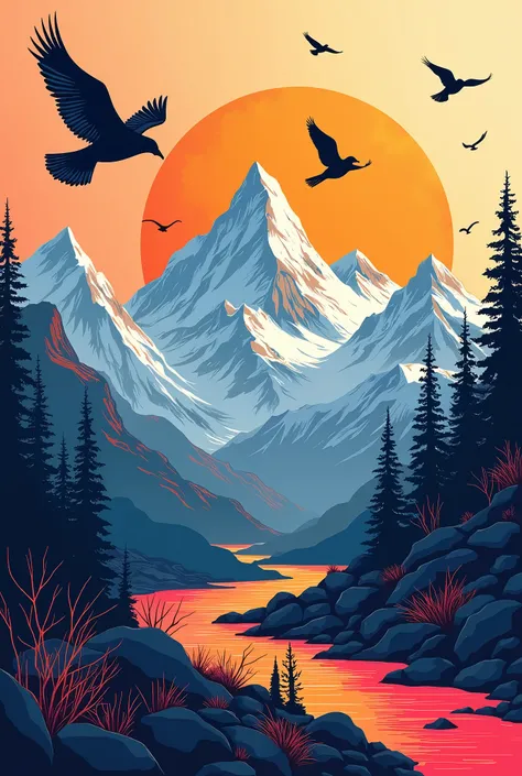 landscape mountains birds colors lines art wallpaper for pc
