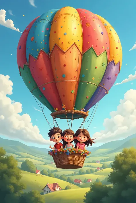 create a hot air balloon with children in happy and colorful drawing 