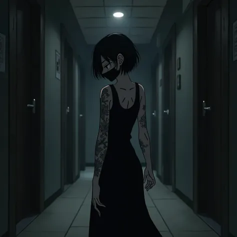 anime style, a girl, very short black hair, long black dress, and a black mask that covers from chin to nose, tattos in the arms wandering around the apartment at night in a limp and lonely way
