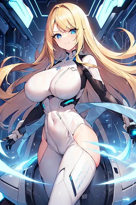 1girl, long bangs, forehead, parted bangs, ((long bangs)), ((parted bangs)), ((forehead), hair intakes, blonde hair, blue eyes, spiked hair, bodyduit, white bodysuit, large breasts, thick thighs, toned, futuristic, tech, machinery, science-fiction, neon tr...