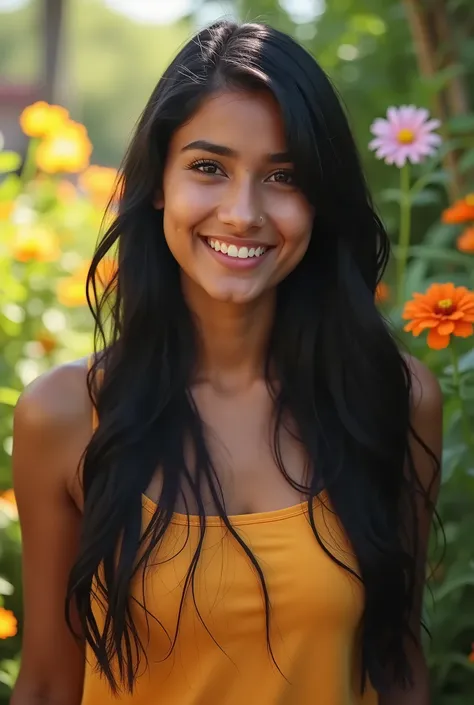 "A photorealistic portrait of a 21year-old indian with her long, sleek black hair cascading over her shoulders and warm brown eyes sparkling with joy. She is dressed in a modern, casual outfit that reflects current fashion trends, full body shot, 8k hdr, h...