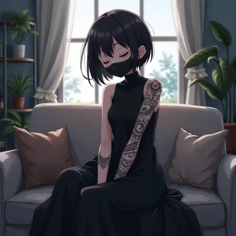 anime style, a girl, very short black hair, long black dress, and a black mask that covers from chin to nose, tattos in the arms sitting on the sofa in the living room, smiling with her eyes closed
