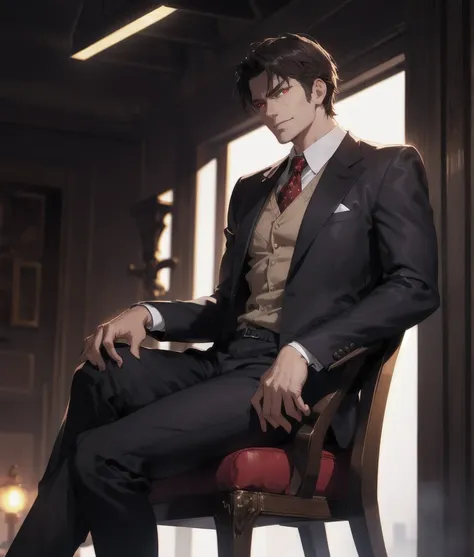 tall angry man in a suit, sit on a chair, pants bulge, low angle shot, cinematic dramatic lighting, realistic, 8k, high detail, ...