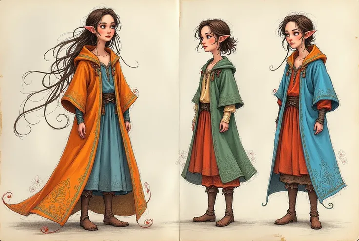 On a page of paper there is a sketch with colored pencil. The sketch contains a character drawn several times with a variety of hairstyles and medieval-style clothing.. And a little bit of magic.