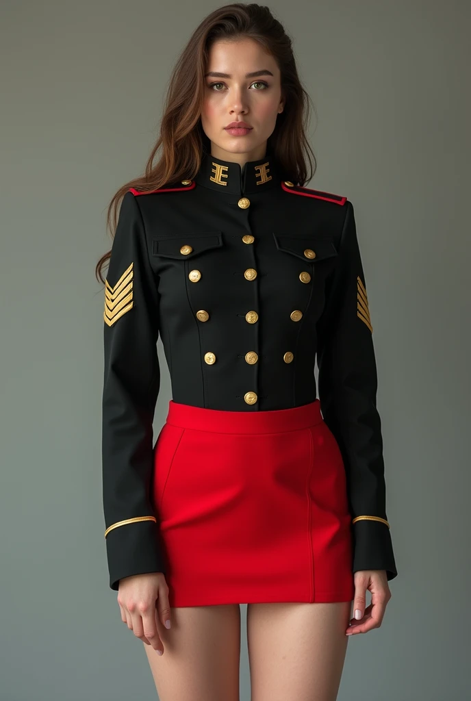 Photograph of a 20 year old woman, Perfect face, masterpiece, GOOD, black fitted military uniform, red short skirt, huge buttocks and thick legs,  huge breasts. 