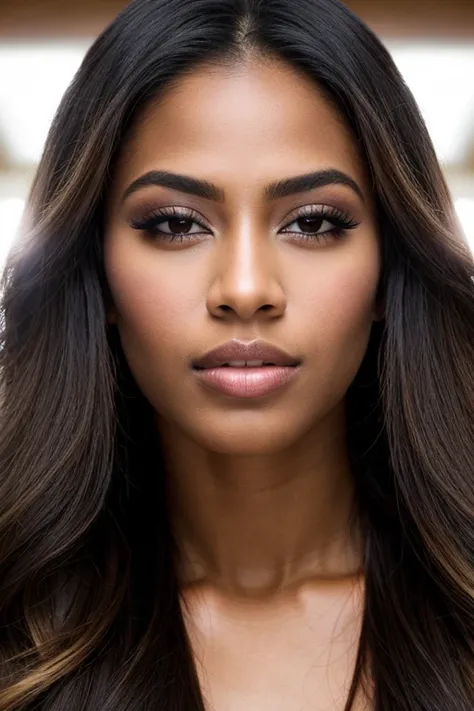 close-up portrait of a beauty salon, confident, 2, dark skin, almond-shaped eyes, beautiful hazel eyes, very long hair, Brazilian, square chin, intense and fierce look, firm, athletic, strong, imposing expression, in a hall, (backlit), realistic, masterpie...