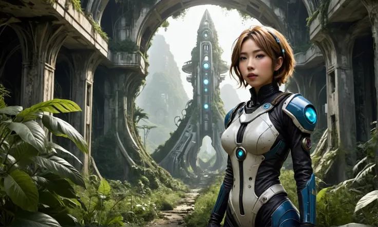 cute yuna (age 25, sexy sci fi explorer suit) she is exploring an abandoned alien city overgrown by the jungle, city of the vampire lesbians, sculptures, ruins